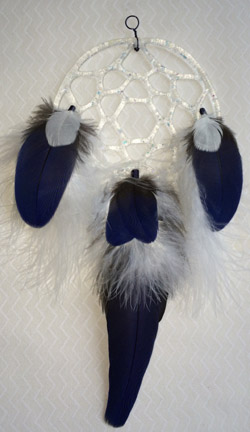 Click for a larger photo of the Clear Glass with Dichroic Chips and Hyacinth Blue and White Feathers Dream Catcher