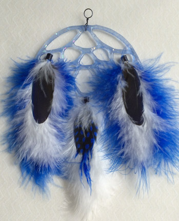 Click for a larger photo of the Sky Blue Glass with Dichroic Chips and Blue and White Feathers Dream Catcher
