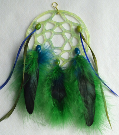 Click for a larger photo of the Greenish Blue Glass with Iridescent Green Feathers Dream Catcher