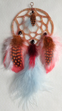 Click for a larger photo of the Peach Glass with Dichroic Chips and Peach and Light Blue Feathers Dream Catcher