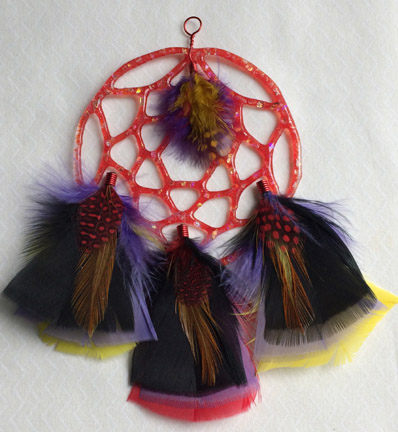 Click for a larger photo of the Red Glass with Dichroic Chips and Red, Purple and Black Feathers Dream Catcher