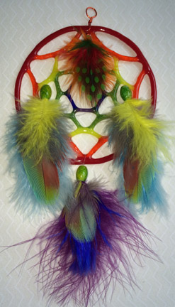 Click for a larger photo of the Red Rainbow Glass and Multicolored Feathers Dream Catcher