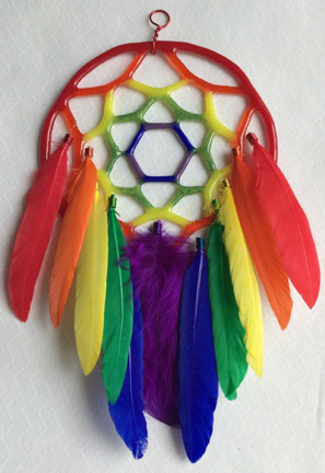 Click for a larger photo of the Red Rainbow Glass and Rainbow Pin Feathers Dream Catcher
