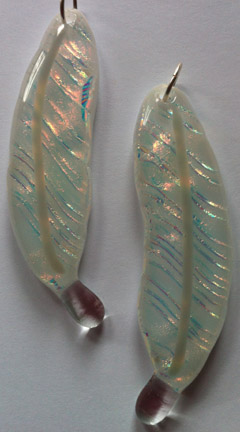 Click for a larger photo of the Clear Opal Dichroic Glass on White Glass Feather Necklace